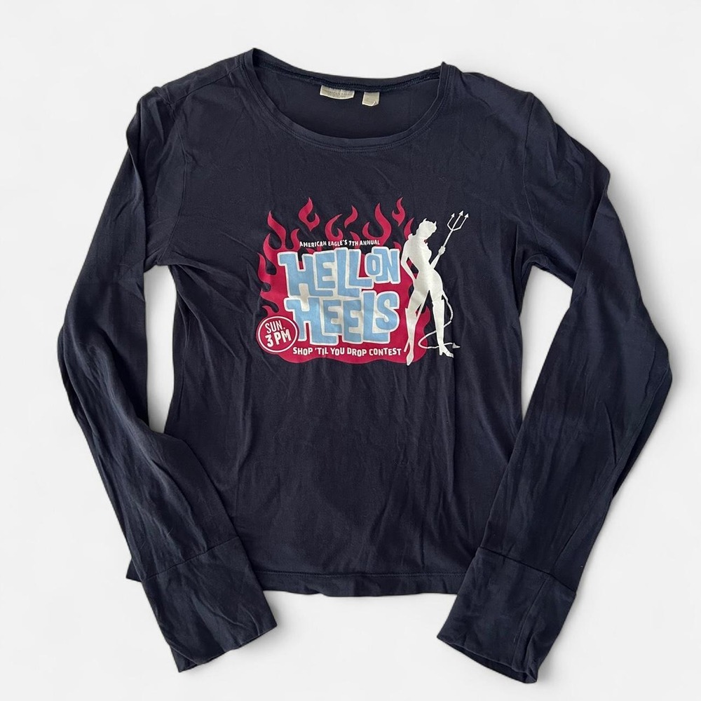 Y2K American Eagle - Hell On Heels Long Sleeve Graphic Tee | Dark Blue | Size M - Picture 4 of 6